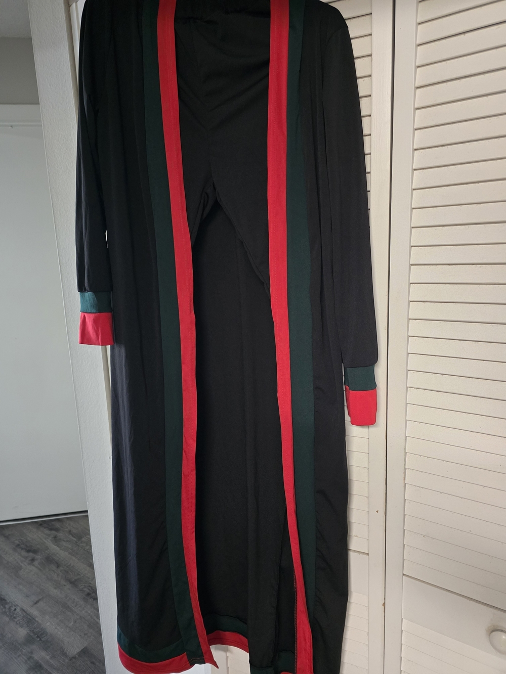 Black Long Cardigan with Red & Green and its Lycra Trousers with Cuffs Below